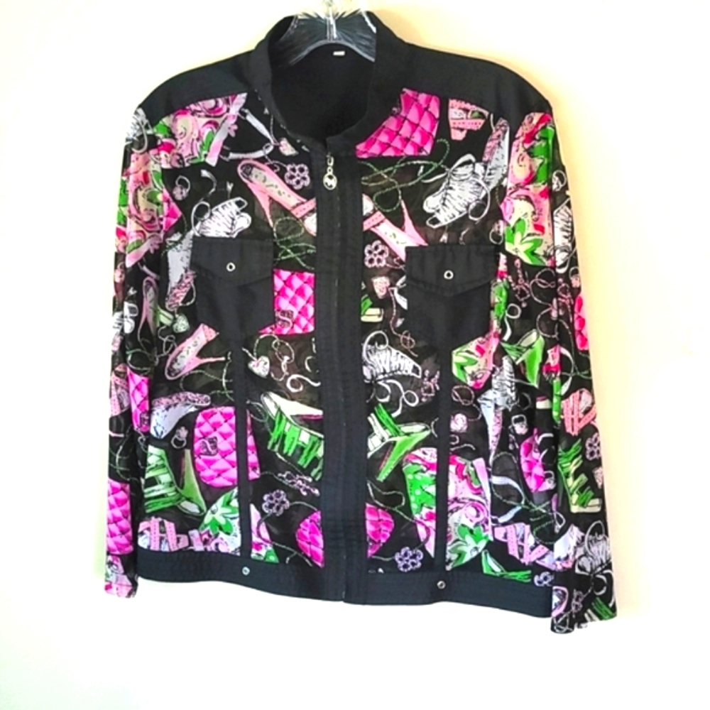 VTG Whimsical Art to Wear Print Long Sleeve Blouse Sheer Fabric Size M